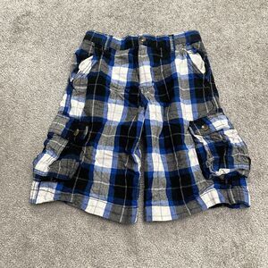 Faded Glory Cargo Shorts Kids Boys 14 Blue Plaid Cotton Casual Outdoor 26x10